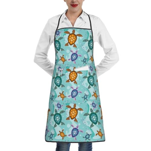 Women Men Bib Aprons Chef Cooking Apron With Pockets For Kitchen Grilling Bbq Painting Gardening - color: Sea Turtle