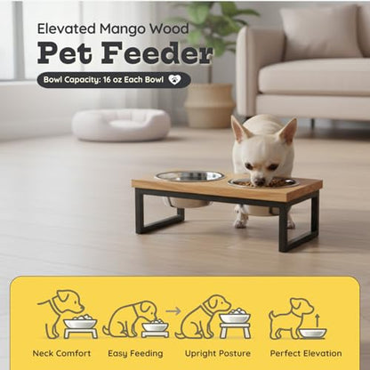 Elevated Dog Bowls, 4” Small Dogs & Cats Raised Bowl Mango Wood Stand, Food & Water 2 Stainless Steel Dishes Each 16oz/2Cup Capacity, Non-Slip Pet Feeder Station in Brown for Toy Breeds - size: 4 Inches / 16oz 2 Bowl