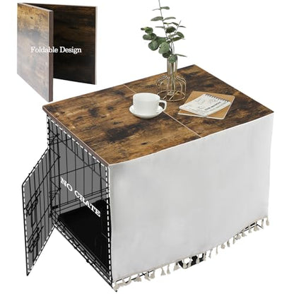 VIE DE AMAN Dog Crate Topper Wood for 24 30 36 42 48 inch Cages, TableFoldable Dog Kennel Topper with Tassel Curtain, Rustic Style Top Rustic Brown(Dog Crate Not Include) - size: For 48 inch crate（No Crate）