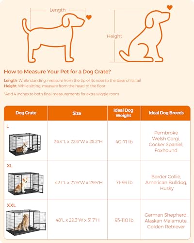 Feandrea 48 Inch Heavy Duty Dog Crate, Metal Escape Proof Dog Kennel with Double Doors and Convenient Feeding Door, Removable Tray, Easy to Clean, XXL Dog Crate for Large and Medium Dogs, Black - size: 48.0"L x 29.3"W x 31.7"H