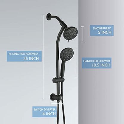 High Pressure 48-Settings Shower Head with Handheld Shower,Drill-Free 3-Way Diverter for Easy Reach,Adjustable Height Slide Bar Dual Shower Head Combo Set - Matte Black - color: Matte Black