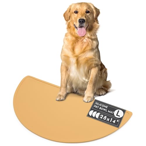 Should We Go? Waterproof Silicone Dog Food Mat – Large Size Non-Slip Pet Bowl Mat, Raised Edge Design, Easy-to-Clean Pet Food Placemat for Dog & Cat Bowls, 28" Across x 14" Deep - Honey - color: Honey, size: Large