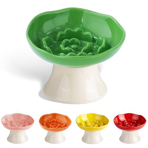 Ceramic Slow Feeder Bowl for Cats and Small Dogs, Elevated Tilted Pet Food Dish, Whisker Friendly Anti-Vomit Design, Heavy Stable Base, Dishwasher Safe， 5 Colors Options (Leaf Green) - color: Leaf Green