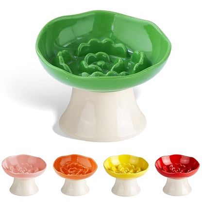 Ceramic Slow Feeder Bowl for Cats and Small Dogs, Elevated Tilted Pet Food Dish, Whisker Friendly Anti-Vomit Design, Heavy Stable Base, Dishwasher Safe， 5 Colors Options (Leaf Green) - color: Leaf Green