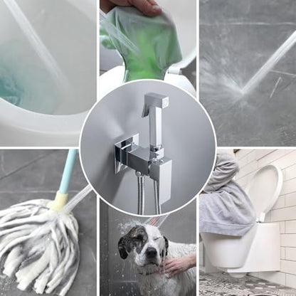 SHAMANDA Warm Water Bidet Sprayer for Toilet with Hot and Cold Brass Rough-in Valve, Stainless Steel Handheld Bidet Attachment Set for Feminine, Pets and Baby Diaper Wash, Chrome Polished, BDS08-1 - color: Chrome, style: Hot & Cold Water Modes-Square