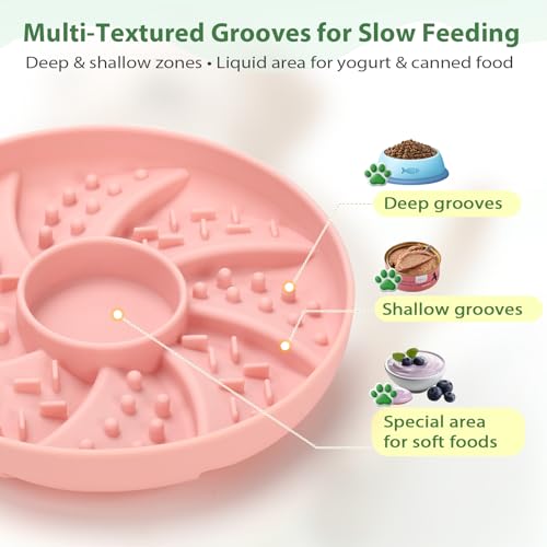 Slow Feeder Dog Bowl Silicone Suction Cup Anti Spill Dogs Cats Pink | strong suction base prevents sliding, extends mealtime, reduces anxiety, textured surface, dishwasher safe - color: Pink