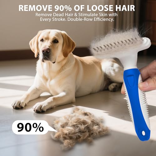 Dog Cat Grooming Tool Rake, Pet Dematting Tool with Stainless Steel Shedding Comb, Double Row Pet Rake Gently Remove Loose or Tangled Hair from Undercoat Blue - color: Blue