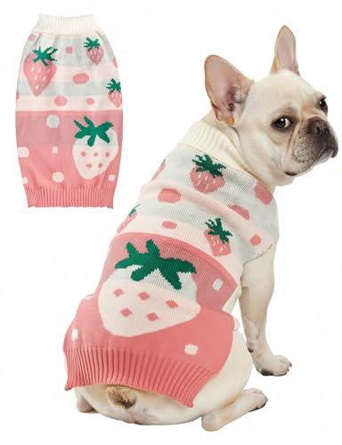 Dog Sweaters for Small Medium Large Dogs Cats,Turtleneck Cute Pattern Warm Soft Pet Clothes Boy Girl Cable Knit Doggy Autumn Coats Winter Puppy Outfits Cold Weather Jackets - color: Pink Strawberry, size: Large