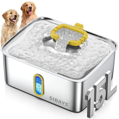 SIBAYS 4Gal/15L Stainless Steel Large Dog Water Fountain, Ultra Quiet Automatic Pet Water Fountain, Dog Water Bowl Dispenser with Water Level Window and LED Light, Easy to Clean(FS78, Silver-Yellow) - color: Silver-Yellow