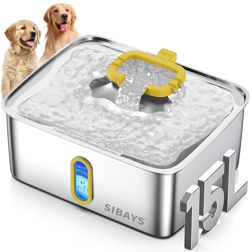 SIBAYS 4Gal/15L Stainless Steel Large Dog Water Fountain, Ultra Quiet Automatic Pet Water Fountain, Dog Water Bowl Dispenser with Water Level Window and LED Light, Easy to Clean(FS78, Silver-Yellow) - color: Silver-Yellow