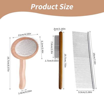 3 Pcs Slicker Brush for Doodle Dogs - Wooden Handle Grooming Comb Set for Goldendoodle, Labradoodle, Poodle - Detangling Tool for Wavy & Curly Hair, Mats & Tangles Removal (Small/Big Dogs & Cats)