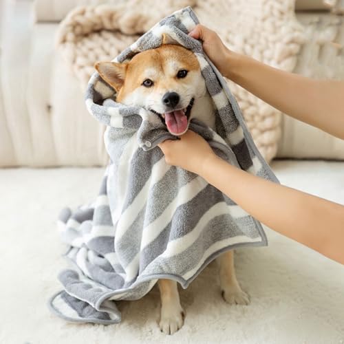 YiZYiF Microfiber Dog Bath Towel Robe Super Absorbent Pet Drying Coat with Adjustable Collar and Belly Strap for Swimming Gray Medium