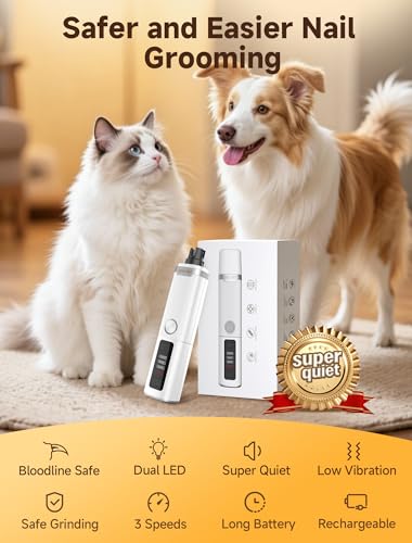 Dog Nail Grinder, Electric Dog Nail Trimmer Quiet with 2 LED Lights, 3-Speed Pet Nail Grinder for Dogs & Cats, Rechargeable 2000mAh Nail Grinder for Small Medium Large Dogs with Light, White - color: White