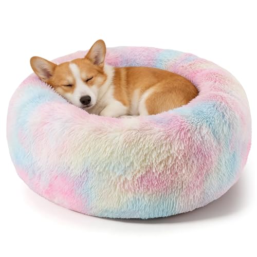 Dog Calming Beds for Small Medium Large Dogs - Round Donut Washable Puppy Dog Bed, Anti-Slip Faux Fur Fluffy Donut Cuddle Anxiety Cat Pet Bed(32'' Color) - color: Colorful, size: 32"L x 32"W x 8"Th