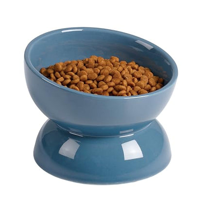 ABRUTY Cat Water Bowl, 16 OZ Ceramic Elevated Cat Bowls, 15° Tilted and Raised Pet Food Dish, Anti Vomiting Protect Pets' Spines and Whisker Fatigue, Blue - color: Blue, size: 1 Pack