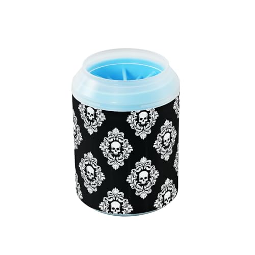 Gothic Skulls Black Pattern Dog Paw Cleaner Cup with Soft Silicone Brush, Lightweight Portable Small Muddy Paw Washer for Dogs, Easy to Use Pet Foot Cleaner