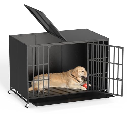 LEMBERI 48/42 inch Heavy Duty Indestructible Dog Crate, High Anxiety Extra Large Dog Cage for Large Dogs, XL Steel Escape Proof Dog Kennel with Wheels and Removable Tray (Black, 47.2*30.7*34.6 inch) - color: Black, size: 47.2"L x 30.7"W x 34.6"H
