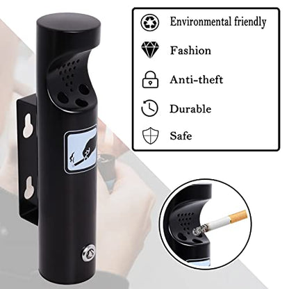 Wall Mounted Outdoor Waste Receptacle, Cendrier Extérieur, Stainless Steel Cylinder Butt Disposal, Commercial Trash Bin Container for Home, Patio, Bar, Commercial Use（Black,2pcs）