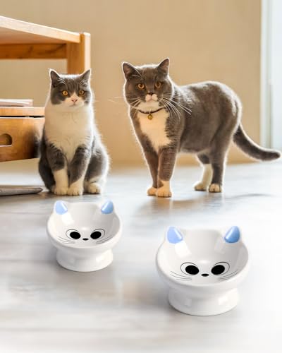 2Pcs Raised Cat Food Bowl Ceramic 15° Tilted Food Bowls Protect Cat's Spine Anti Vomiting Backflow Prevention Cat Bowls for Adult Kitten, and Small Dogs, Blue - color: Blue2P