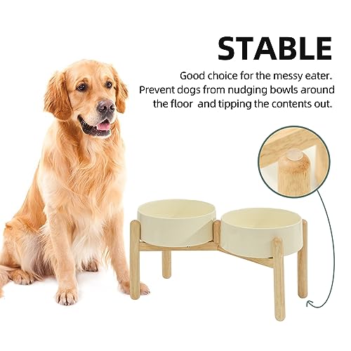 Havniva 8.3inch Ceramic Raised Dog Bowl with Stand, Double Dog Bowls Elevated for Large Breed Dog Food and Water Bowl Set Non-Slip Dog Dish Large Capacity Feeding Pet Water Bowl - color: 2 Bowls+Stand - Light Yellow, size: 8.3inch