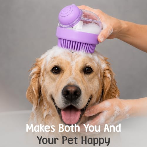 Dog Bath Brush with Shampoo Dispenser | Silicone Pet Grooming Scrubber for Dogs Cats and Puppies | Rubber Curry Tool for Bathing Deshedding and Massage | Easy Grip One Handed Design - color: Purple