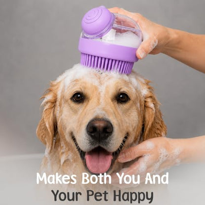 Dog Bath Brush with Shampoo Dispenser | Silicone Pet Grooming Scrubber for Dogs Cats and Puppies | Rubber Curry Tool for Bathing Deshedding and Massage | Easy Grip One Handed Design - color: Purple