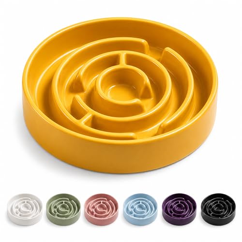 Slow Feeder Dog Bowls, Silicone Dog Bowl with Anti-Slip, Slow Feeder & Non-Slip Design, Boredom and Anxiety Reducer, Suitable for All Breed Dogs and Cat (Ceramic-Yellow) - color: Ceramic-Yellow