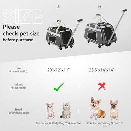 PETSFIT Airline Approved Cat Carrier with Wheels Designed for Small Dogs/Cats with Adjustable Safety Rope & Removable Wheels - color: Gray, size: 20.1"L x 12.2"W x 14.2"H