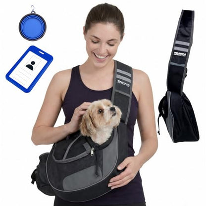 Hands-Free Sling Pet Carrier for Cats and Small Dogs up to 7lbs – Travel Set Includes Foldable Water Bowl & ID Card – Breathable Mesh, Safety Hook & Adjustable Padded Strap for Walking & Travel - color: Black