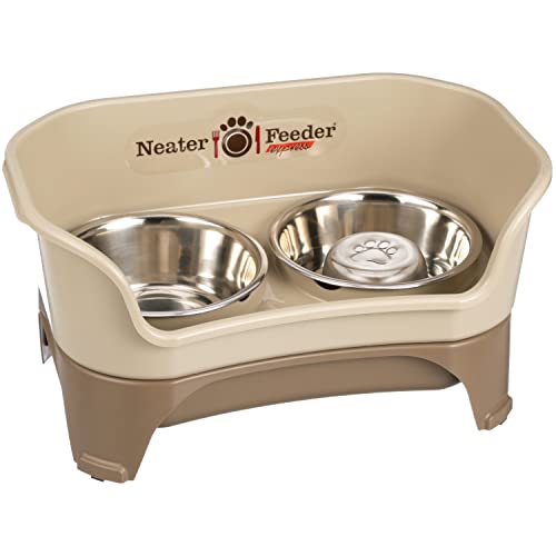 Neater Feeder - Express Model w/Slow Feed Bowl - Mess-Proof Dog Bowls (M/L, Cappuccino) Made in USA –Elevated, No Spill, Non-Tip, Non-Slip, Raised Stainless Steel Food/Water Pet Bowls Aid Digestion - color: Cappuccino, size: Medium to Large w/ Metal Slow