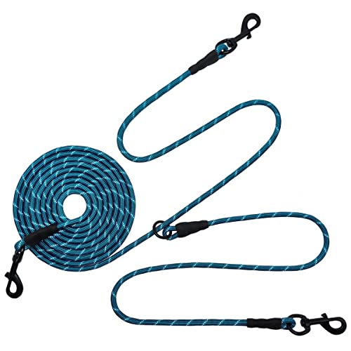 BTINESFUL 12FT 20FT 30FT 50FT Reflective Dog Tie Out for 2 Dogs, No Tangle 50ft by 1/3 Inch Nylon Rope Long Tether for Two Dogs, Dog Trolley Runner for Yard Outdoor Camping (Blue) - color: Blue, size: 50 ft x 1/3"