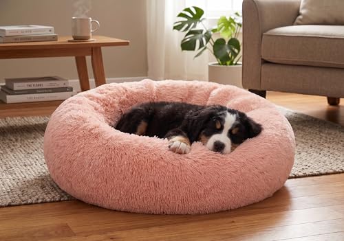 SAVFOX 23 inches Calming Donut Dog Bed - 3X Durable Plush Faux Fur, Machine Washable & Non-Slip, Fits up to 25 lbs, Pink - color: Pink, size: Small | 23"x23"