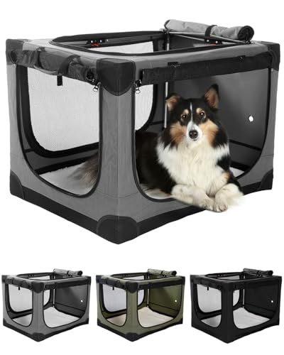 Veraste 24" L x 17" W x 17" H Collapsible Travel Dog Crate, Portable Soft Dog Kennel for Small Medium Pets up to 30 lbs, 4-Door Foldable Travel Crate with Durable Mesh & Storage Bag, Grey - color: Grey, size: 24.0"L x 17.0"W x 17.0"H