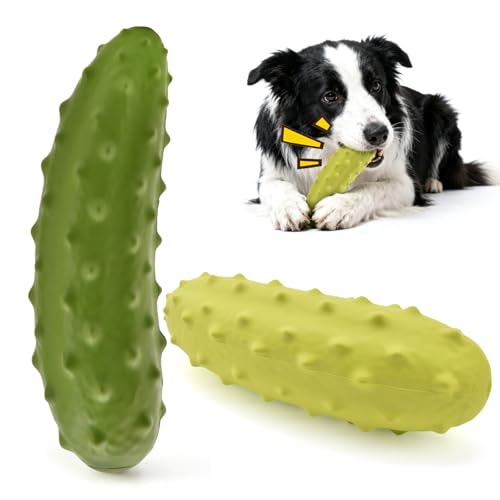LIFLIX 2PCS Tough Squeaky Dog Toys, Durable Dog Chew Toy with Natural Rubber, Teething Toys for Medium Large Breeds, Cucumber Pickle Shape, Yellow & Green - color: yellow and green