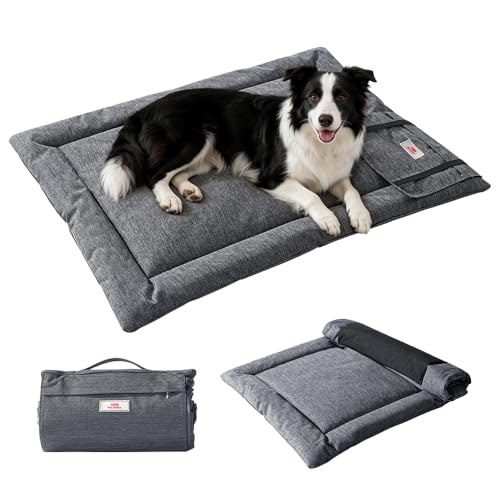 SOMAHE Outdoor Dog Bed Waterproof for Medium Large Dogs, Foldable Portable Dog Bed, Reversible Oxford Mat, Built-in Storage Pocket, Machine Washable, 35.4"×27.5" Inch Dark Gray/Black - color: Front: Dark Gray / Back: Black