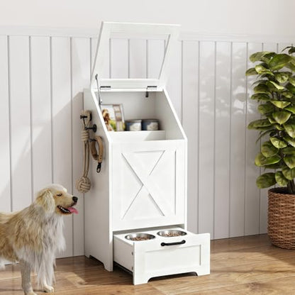 Dog Feeding Station with 2 Elevated Bowls, Dog Food Storage Cabinet with Pet Toy Organizer and Flip Top Pet Feeding Station,Hidden Pet Feeder Station for Cats and Dogs(Dog Feeding Station-White) - color: Dog Feeding Station-White