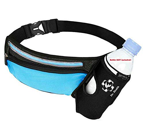 Running Belt Sport Waist Pack with Water Bottle Holder Hydration Belt Fanny Pack Reflective Stripes Cellphone Storage Earphone hole for Dog walker Hiking Travel (BLACK/BLUE) - color: BLACK/Light BLUE