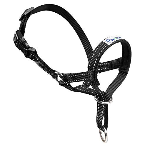 Pawaboo Dog Muzzle, Head Halter Collar for Dog, Pet Nylon Reflective Adjustable Loop Anti-Biting Barking Control Easy Fit Dogs Stops Dogs Pulling Head Leash, Small Size, Black - color: Black, size: Small