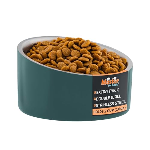 Master Pet Supply Stainless Steel Slanted Dog Cat Food Bowl - 16 oz Heavy Duty - Emerald Sea, Double Wall Insulated, Non-Slip Elevated Bowl for French Bulldogs Pugs Cats, Anti Rust Dishwasher Safe - color: Emerald Sea, size: 2 Cups (16 oz)