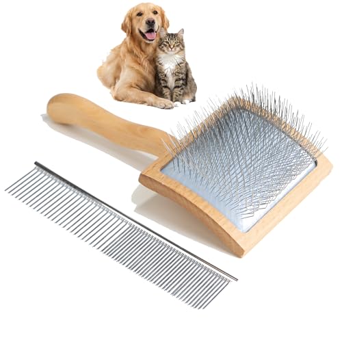 2PCS Dog Brush for Shedding, Slicker Brush for Dogs and Pet Detangling Metal Comb Set, Dog Grooming Supplies for Long Haired Pets, Poodles, Thick Fur, Deshedding Rake Tool - color: Bamboo 2pc Set