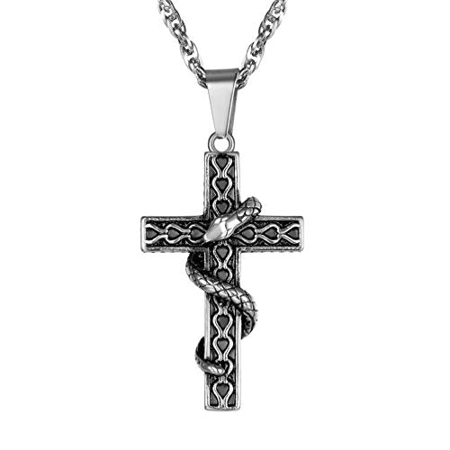 PROSTEEL Cross Necklace for Men Women, 316L Stainless Steel Dog Tag Cross/Dog Tags Military, Jesus Crucifix, Snake Cross, Black/Gold/Silver/Rose Gold/Blue Tone Cross Pendant, Come with Box - color: 2. Silver, style: 7. Snake Cross