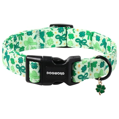DOGWONG St Patrick's Day Dog Collar-Cute Green Clovers Dog Collar, Adjustable Cotton Shamrock Pet Collar Trefoil Puppy Collars with Quick Release Buckle,XS - color: A: St Patrick-Bowtie print, size: X-Small