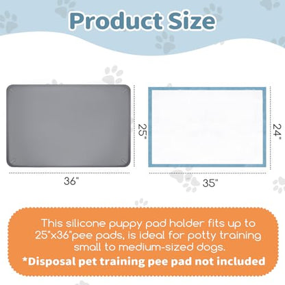 Pee Pad Holder, Silicone Dog Puppy Pad Tray for DogTraining Pads Non-Slip Leak-Proof High Edge Mat, Dog Potty Tray for Home Floor Protection- Grey 25" x 36" - size: 36"L x 25"W