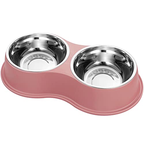 Epetslove Dog Bowls Double Dog Water and Food Bowls Stainless Steel Bowls with Non-Slip Resin Station, Pet Feeder Bowls for Puppy Medium Dogs Cats - color: 3.Pink, size: Medium-18oz