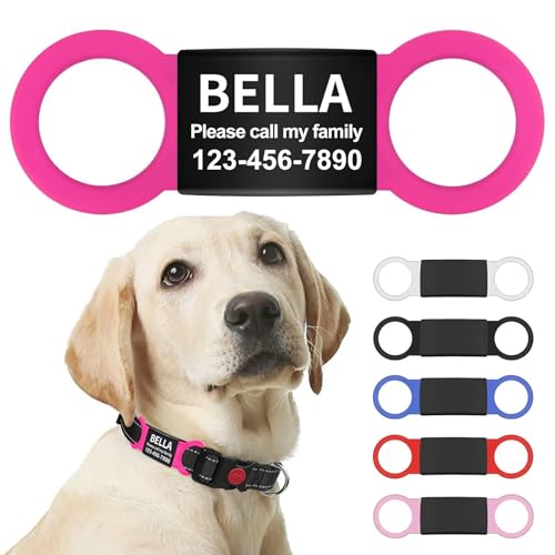 LaReine Silent Slide On Pet ID Tags, Personalized Laser Engraved on Collar, Colored Elastic Silicone Band and S/M/L/XL Black Stainless Steel Cat Dog Name Plate (Hot Pink, Large) - color: Hot Pink, size: Large