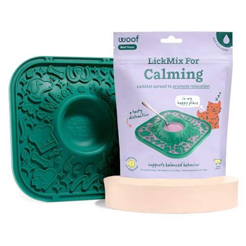 Woof Lick Mat and Calming LickMix Starter Pack Bundle - Dog Enrichment and Spread - Slow Feeder Mat with Non-Slip Design - Delicious, Lower Calorie Mix -Green