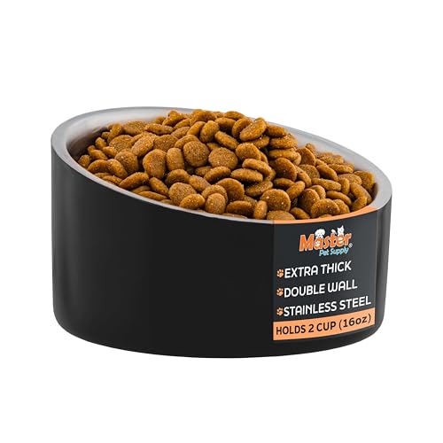 Master Pet Supply Stainless Steel Slanted Dog Cat Food Bowl - 16 oz Heavy Duty - Black Velvet, Double Wall Insulated, Non-Slip Elevated Bowl for French Bulldogs Pugs Cats, Anti Rust Dishwasher Safe - color: Black Velvet, size: 2 Cups (16 oz)