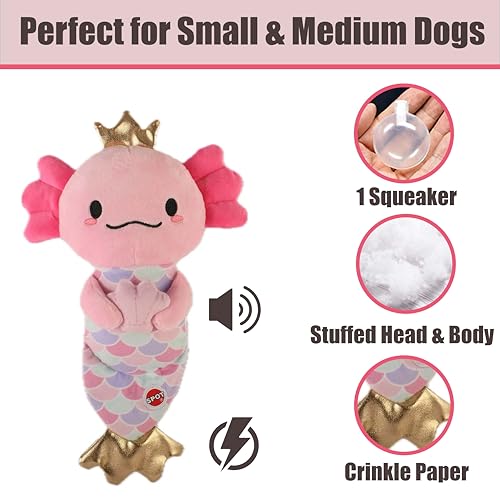 SPOT Axolotl Mermaid – 10″ Soft Plush Dog Toy with Squeaker & Crinkle Tail for Small & Medium Dogs – Reinforced Seams – Cute Gold Crown & Fin Design – for Light Chewers