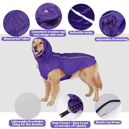 Dog Raincoat with Reflective Strip Hoodie, Waterproof Dog Raincoats, Adjustable Lightweight Hooded Poncho Dog Rain Jacket, Snowproof Windproof Clothes, Dog Raincoat for Large Dogs - color: Purple, size: XXL