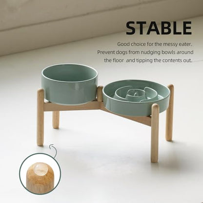 Havniva 7.3” Raised Slow Feeder Dog Bowls Set, 1.2 Cups Ceramic Slow Feeder Dog Bowl and 6.1” Dog Water Bowl with Elevated Wooden Stand Puzzle Dog Food Bowl for Small Dogs Anti-Gulping & Anti-Choking - color: 2 x Light Green+Stand-A, size: 7.3inch